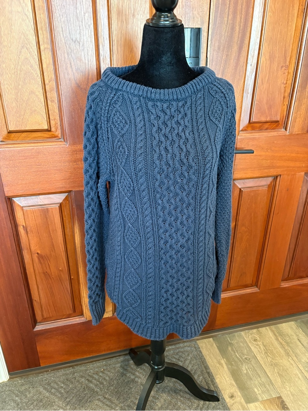 LL Bean Signature Women XS Navy Blue Cable Fisherman Knit Sweater Side Zip